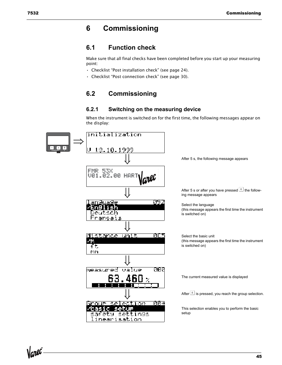 6 commissioning, 1 function check, 2 commissioning | 1 switching on the measuring device, Commissioning, Function check, 6commissioning | Lightning Audio 7532 User Manual | Page 45 / 106