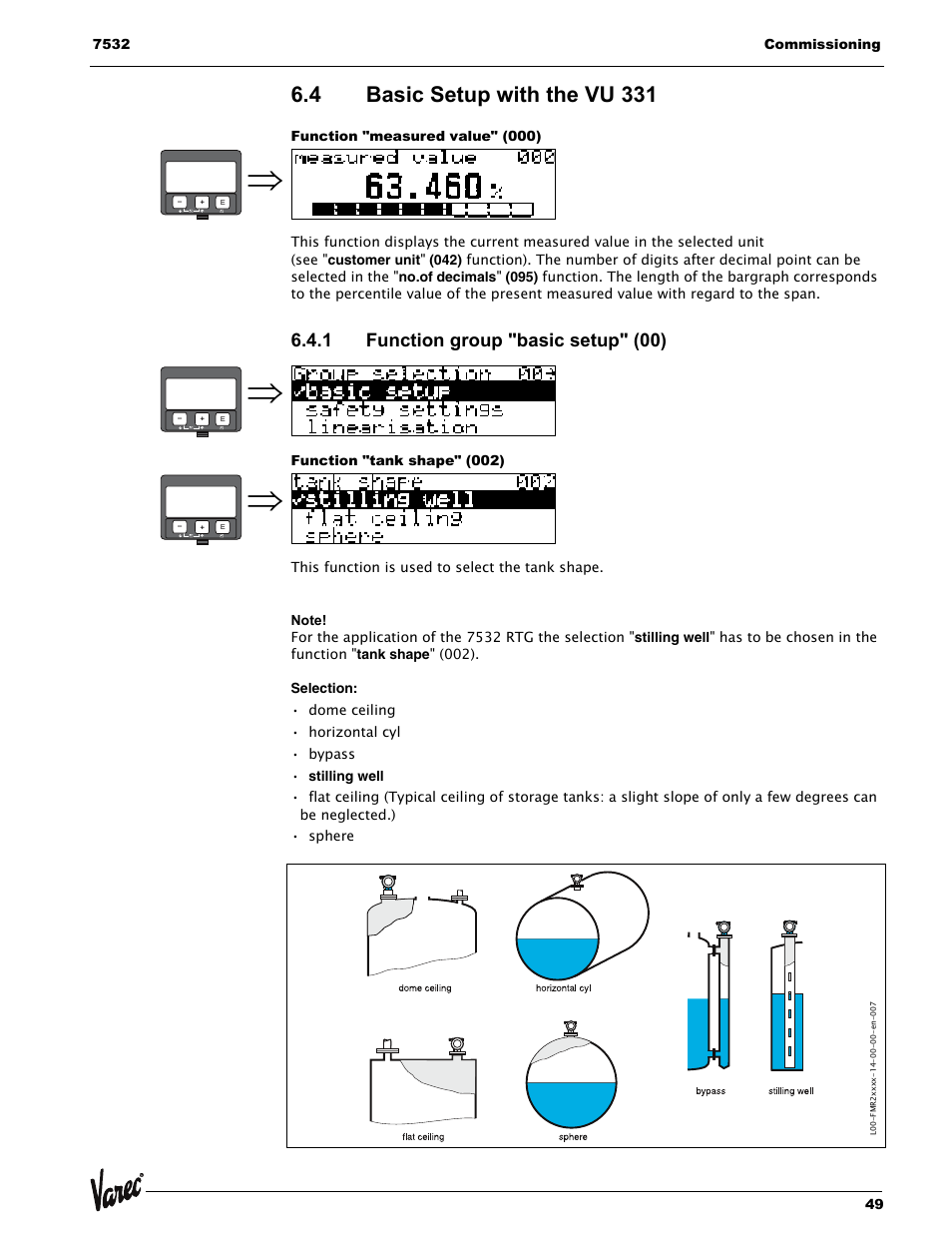 4 basic setup with the vu 331, Function "measured value" (000), 1 function group "basic setup" (00) | Function "tank shape" (002), Basic setup with the vu 331 | Lightning Audio 7532 User Manual | Page 49 / 106