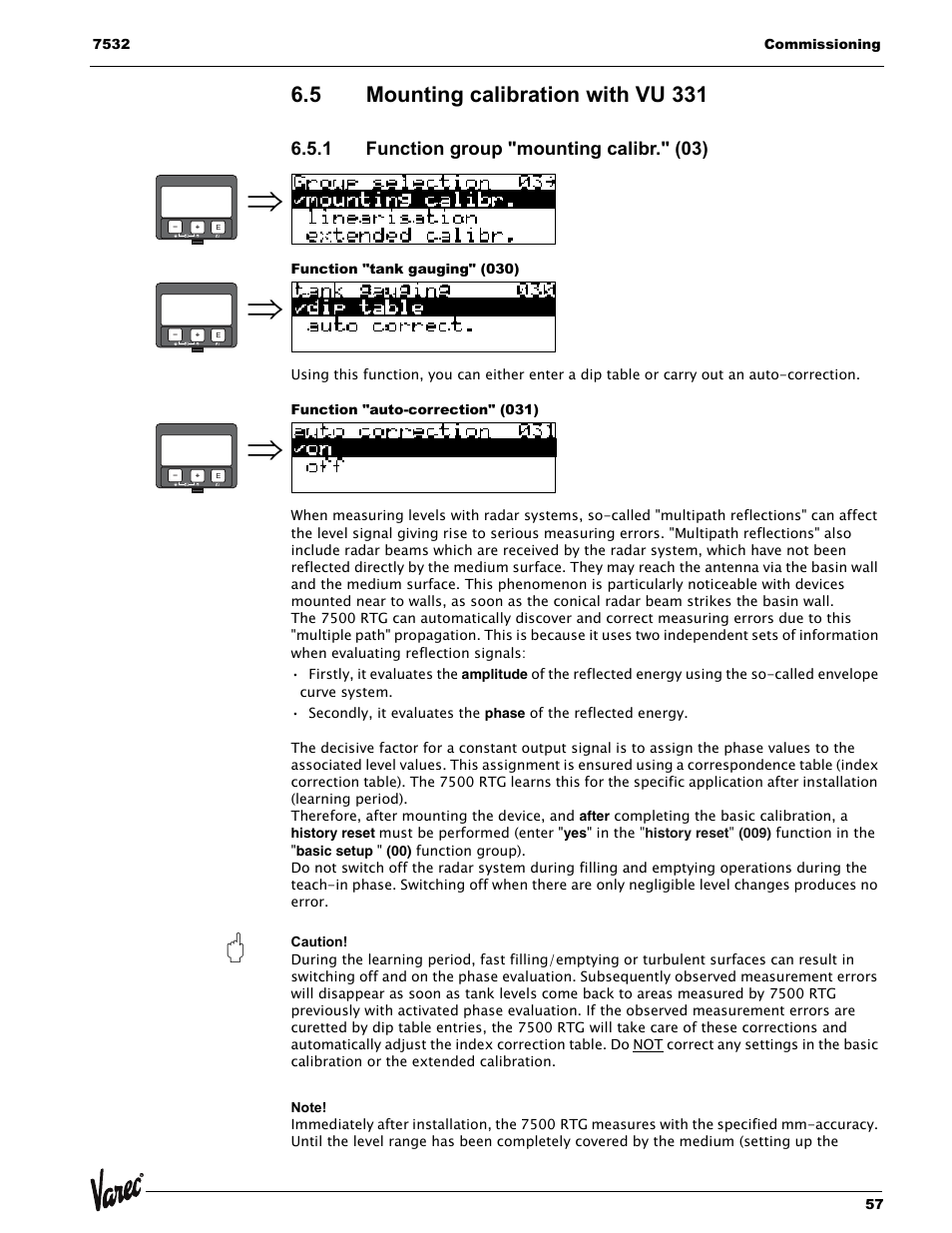 5 mounting calibration with vu 331, 1 function group "mounting calibr." (03), Function "tank gauging" (030) | Function "auto-correction" (031), Mounting calibration with vu 331 | Lightning Audio 7532 User Manual | Page 57 / 106