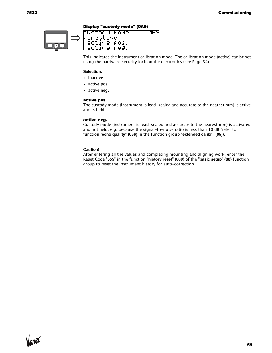 Display "custody mode" (0a9), Active pos, Active neg | Lightning Audio 7532 User Manual | Page 59 / 106