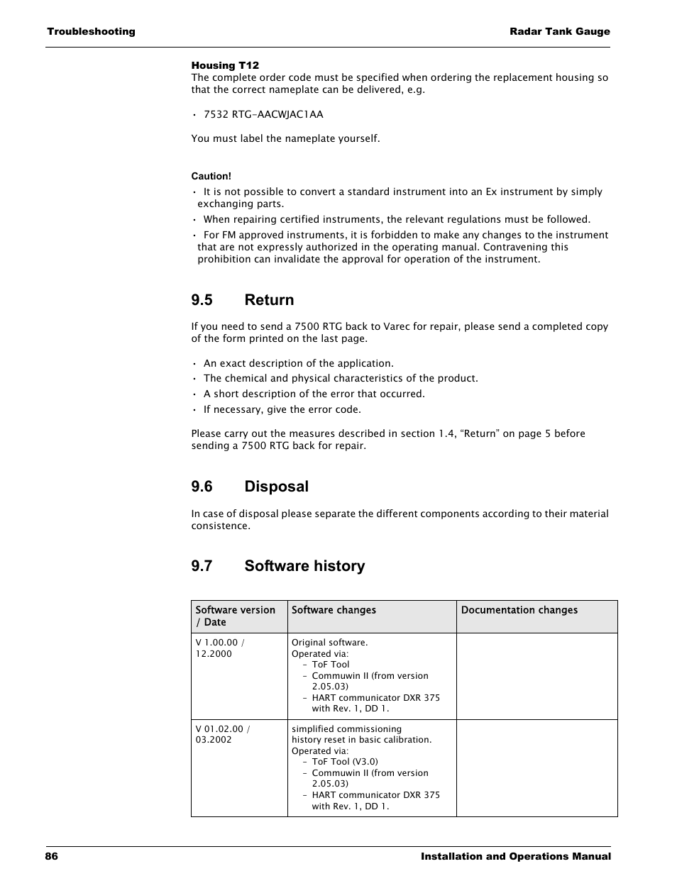 Housing t12, 5 return, 6 disposal | 7 software history, Return, Disposal, Software history | Lightning Audio 7532 User Manual | Page 86 / 106