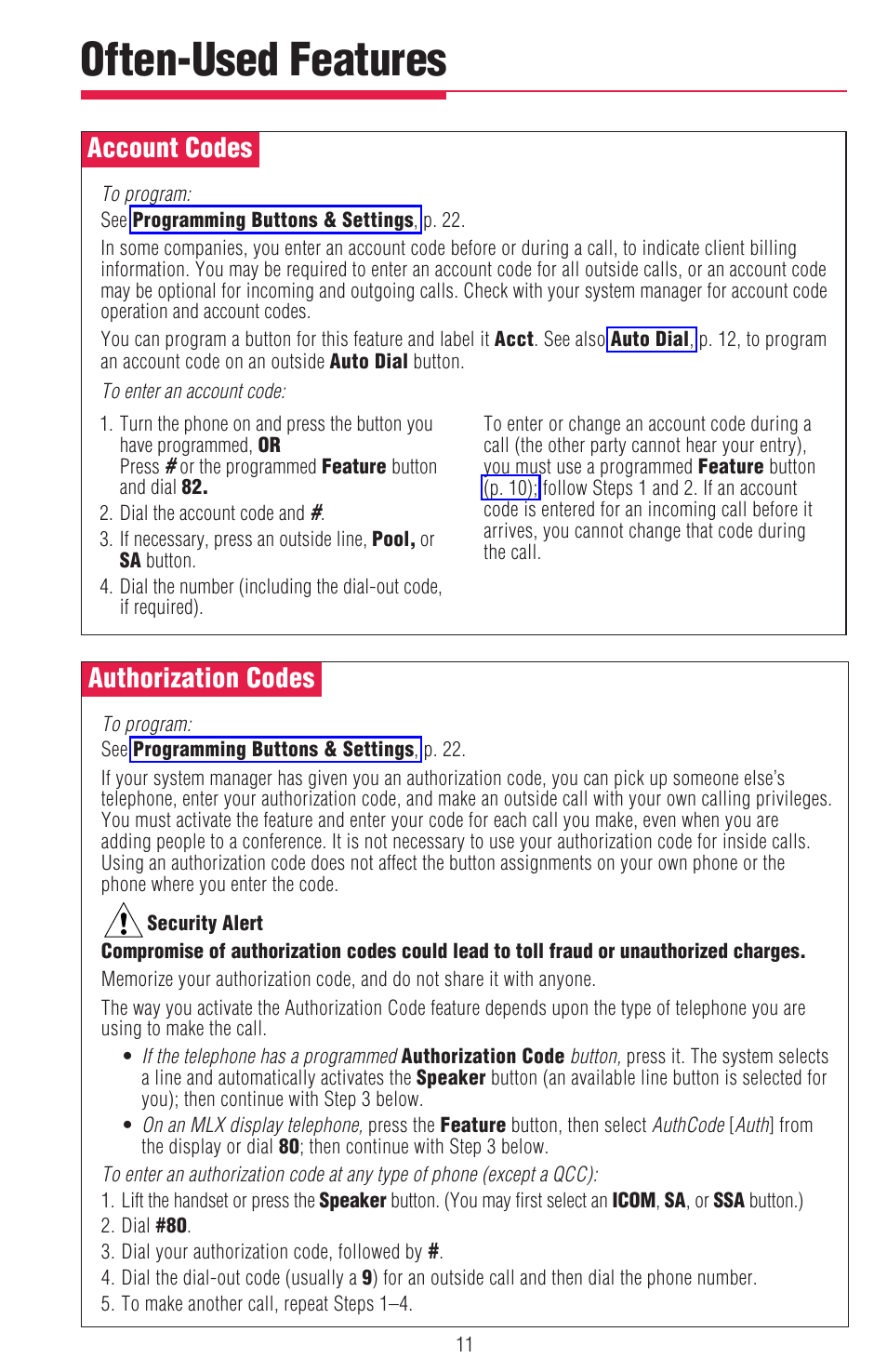 Often-used features, Account codes, Authorization codes | Often-used features –19, Account codes, authorization codes, Button in order to enter account codes (p. 11), See account codes , p. 11, See authorization codes , p. 11 | Lucent Technologies MDW 9000/9010 User Manual | Page 13 / 28