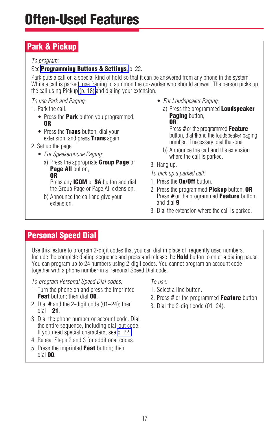 Park & pickup, Personal speed dial, Park & pickup, personal speed dial | See personal speed dial , p. 17, Park & pickup , p. 17, See park & pickup , p. 17, Dial (p. 17), Often-used features | Lucent Technologies MDW 9000/9010 User Manual | Page 19 / 28