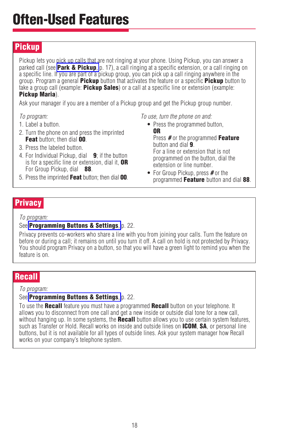 Pickup, Privacy, Recall | Pickup, privacy, recall, See recall , p. 18, See pickup , p. 18, See privacy , p. 18, Often-used features | Lucent Technologies MDW 9000/9010 User Manual | Page 20 / 28