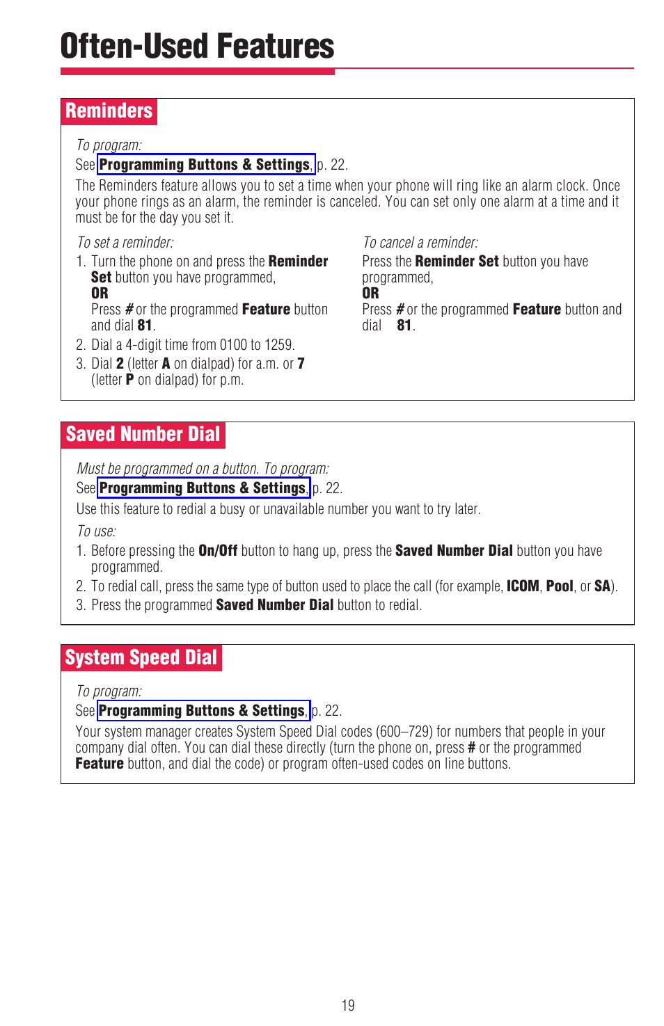 Reminders, Saved number dial, System speed dial | Reminders, saved number dial, system speed dial, See system speed dial , p. 19, Saved number dial , p. 19, See reminders , p. 19, Often-used features | Lucent Technologies MDW 9000/9010 User Manual | Page 21 / 28