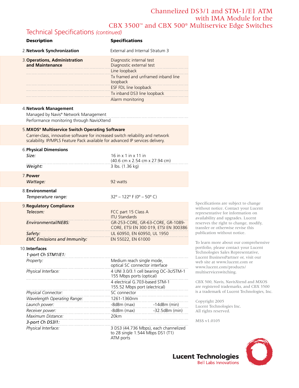 Technical specifications, And cbx 500, Multiservice edge switches | Lucent Technologies CBX 500 User Manual | Page 2 / 2