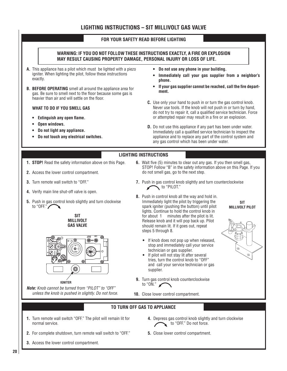 Lighting instructions – sit millivolt gas valve, Lighting instructions | Lucent Technologies MPB-33 User Manual | Page 20 / 28