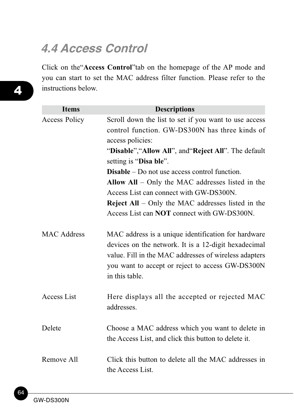 4 access control | Lucent Technologies GW-DS300N User Manual | Page 68 / 78