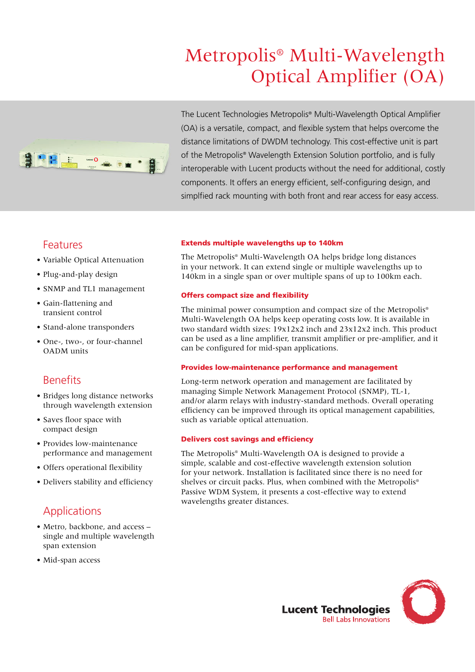 Lucent Technologies Optical Amplifier User Manual | 2 pages