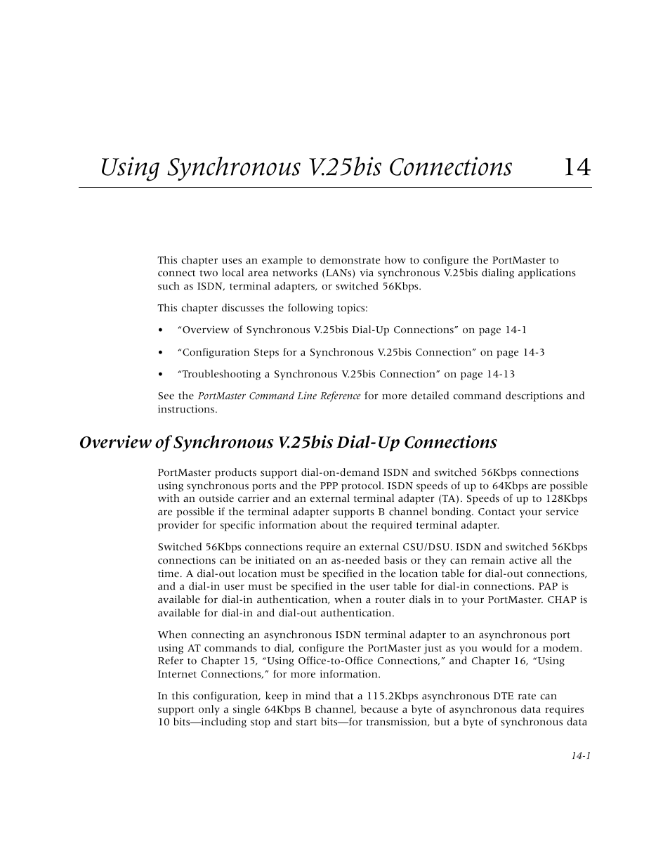 Using synchronous v.25bis connections 14, Using synchronous v.25bis connections | Lucent Technologies PortMaster User Manual | Page 223 / 364