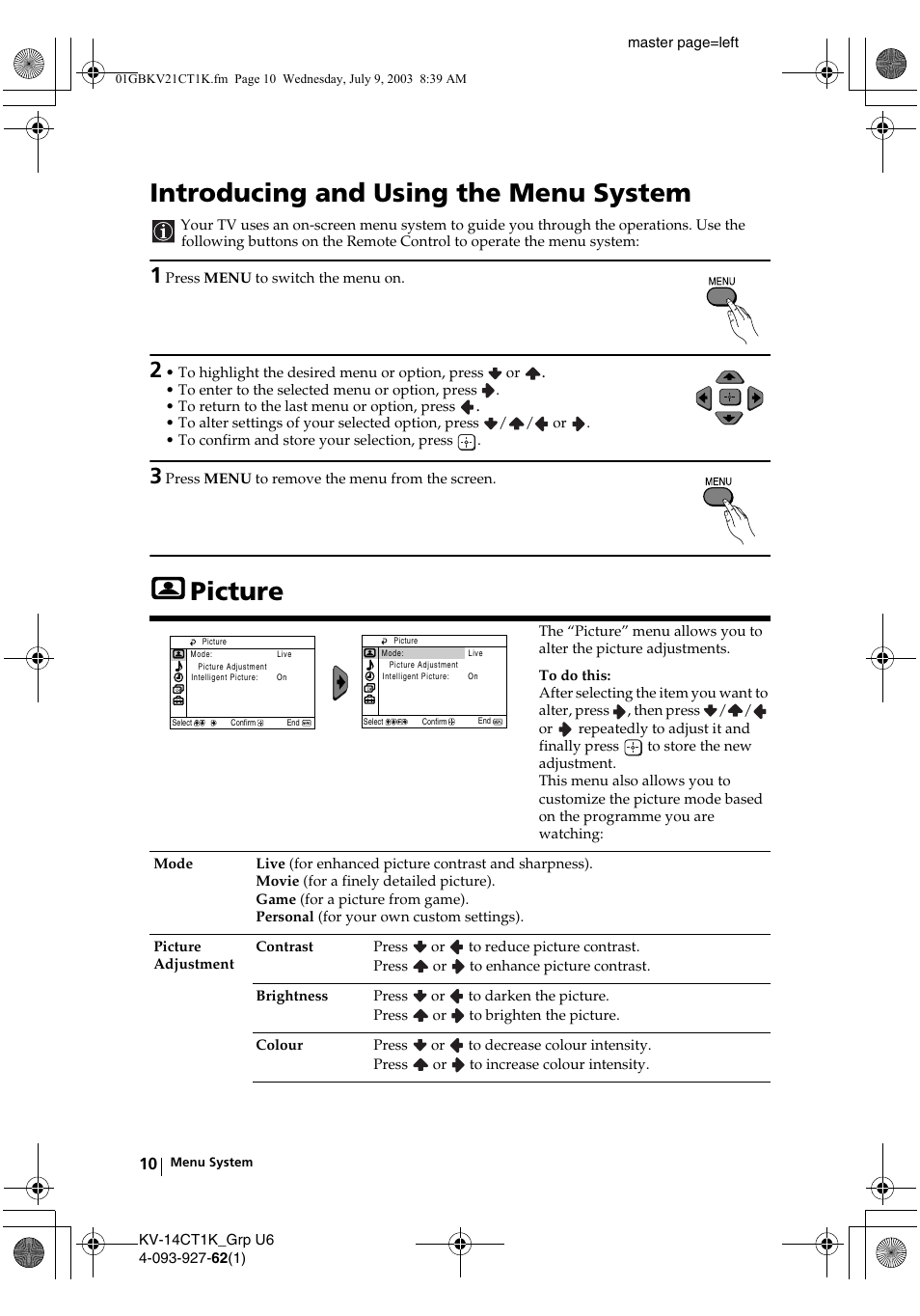 Introducing and using the menu system, Picture | Sony KV-21CT1K  RU User Manual | Page 10 / 128