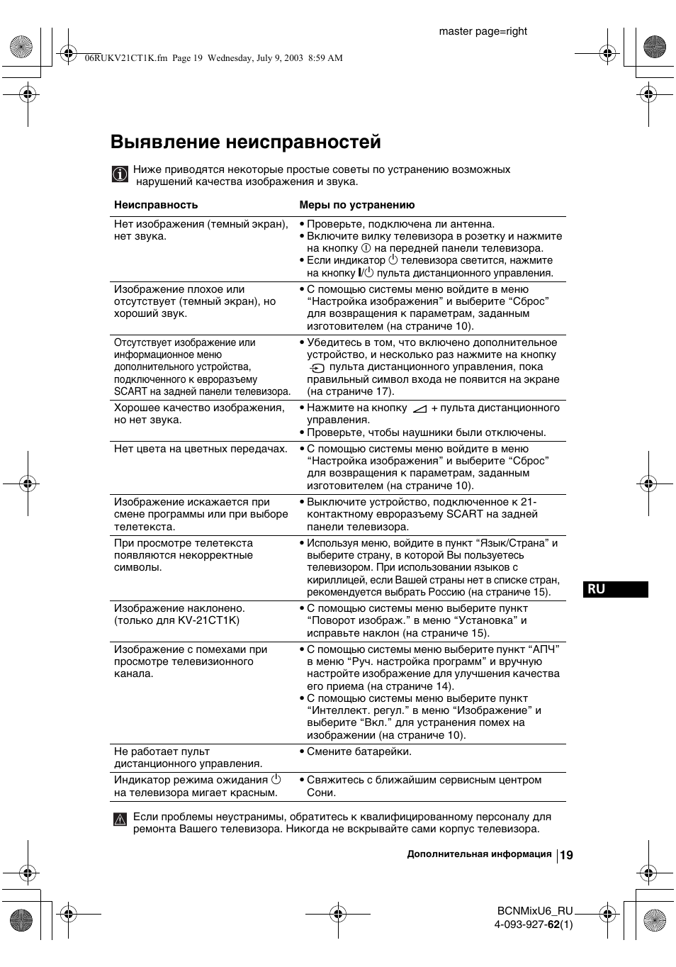 Выявлeниe нeисправностeй | Sony KV-21CT1K  RU User Manual | Page 109 / 128