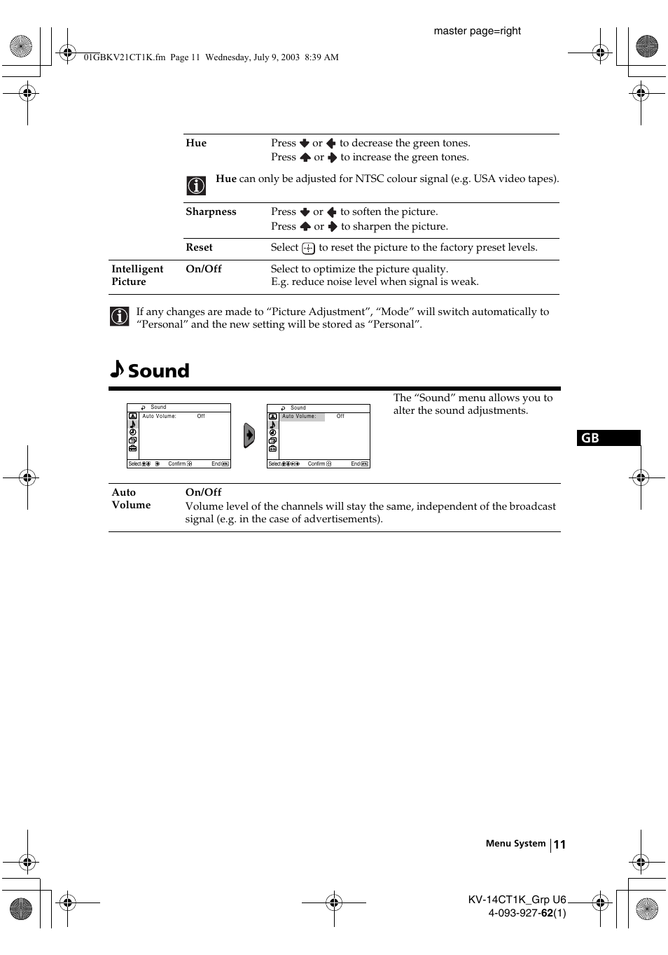 Sound | Sony KV-21CT1K  RU User Manual | Page 11 / 128