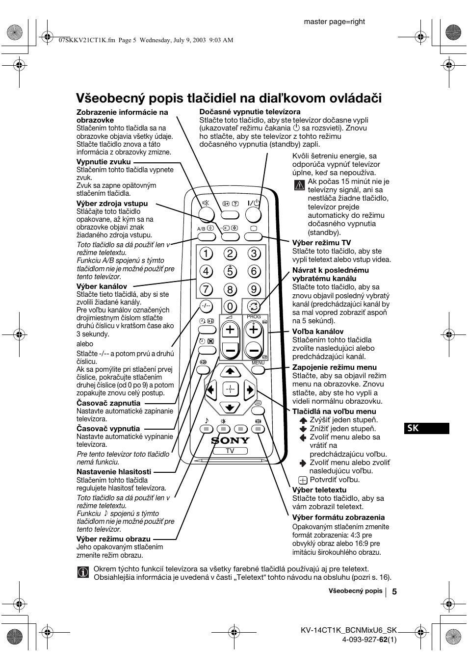 Všeobecný popis tlačidiel na dia kovom ovládači | Sony KV-21CT1K  RU User Manual | Page 113 / 128