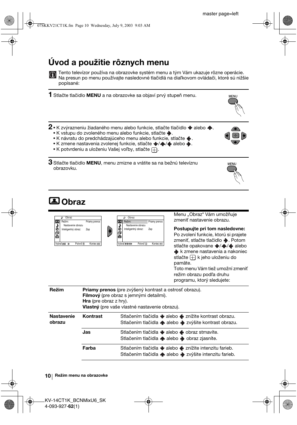 Úvod a použitie rôznych menu, Obraz | Sony KV-21CT1K  RU User Manual | Page 118 / 128