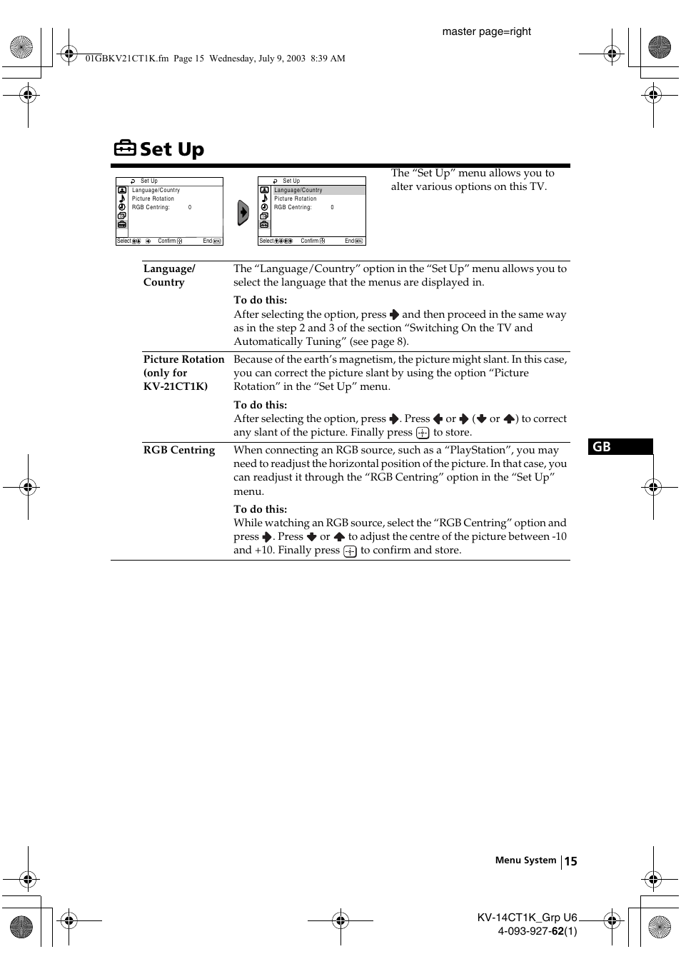Set up | Sony KV-21CT1K  RU User Manual | Page 15 / 128