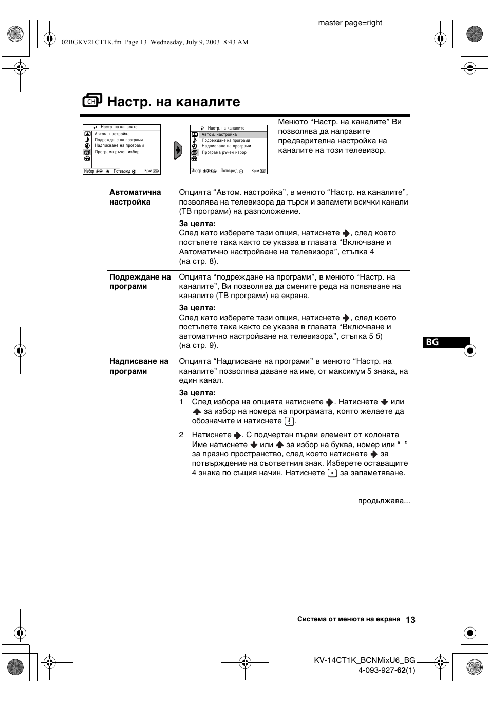 Настр. на каналите | Sony KV-21CT1K  RU User Manual | Page 31 / 128