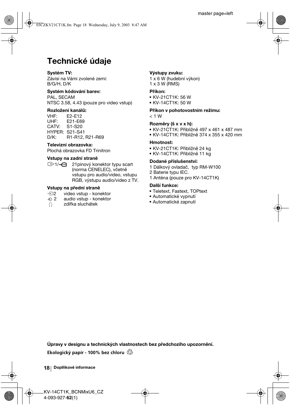 Technické údaje | Sony KV-21CT1K  RU User Manual | Page 54 / 128