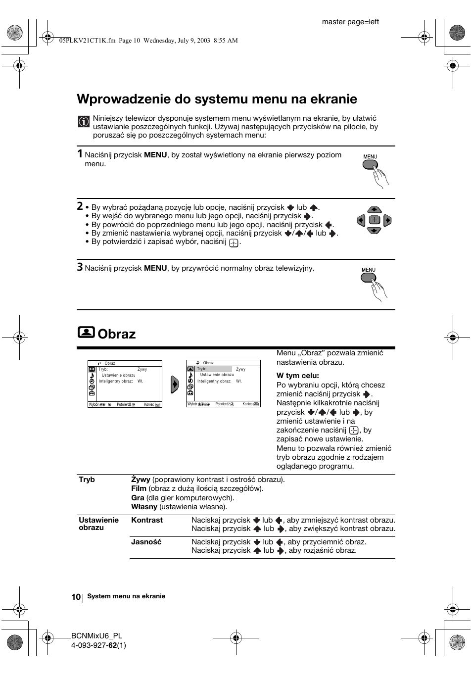 Wprowadzenie do systemu menu na ekranie, Obraz | Sony KV-21CT1K  RU User Manual | Page 82 / 128