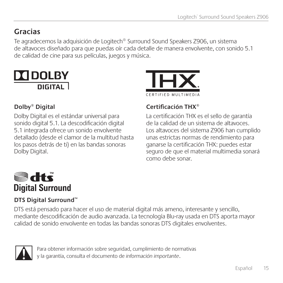 Gracias | Logitech Surround Sound Speakers Z906 User Manual | Page 15 / 52