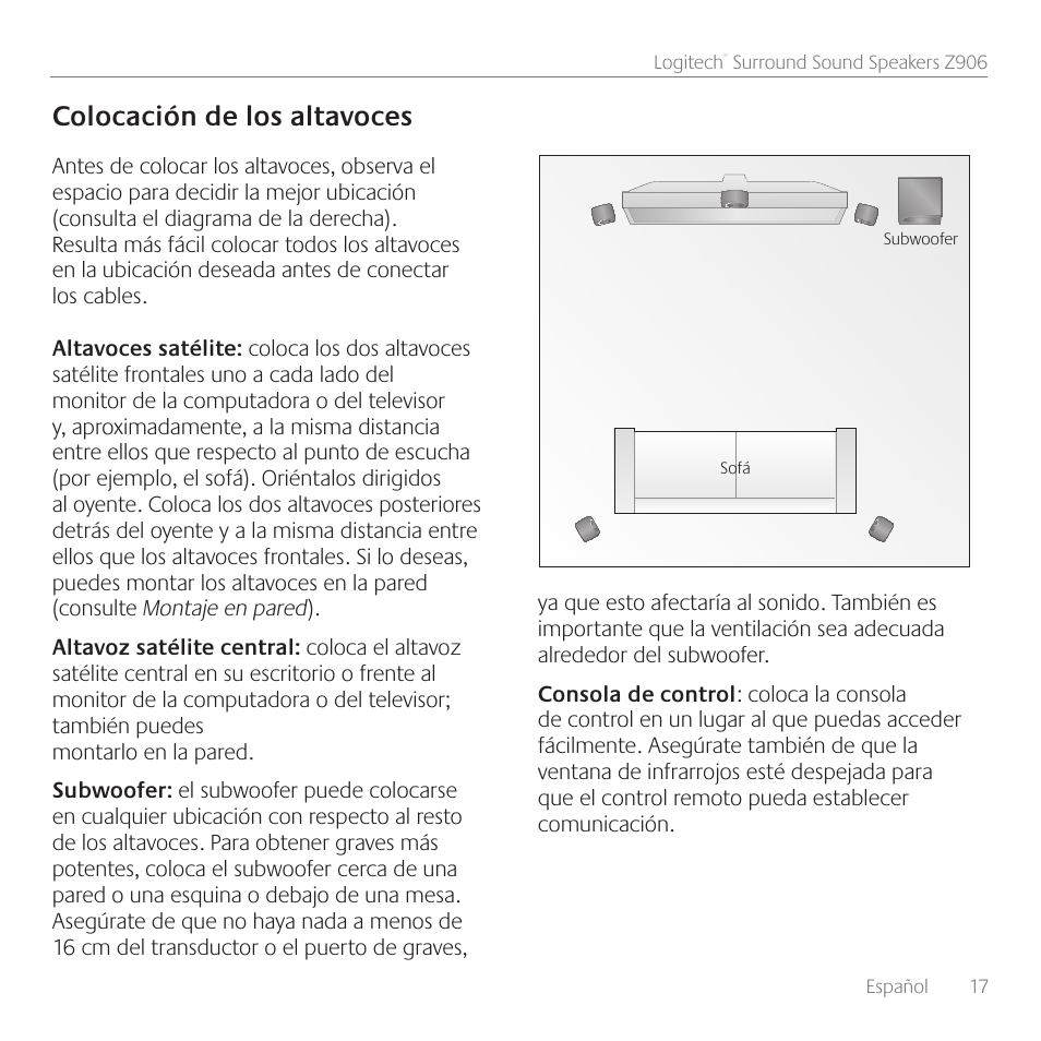 Colocación de los altavoces | Logitech Surround Sound Speakers Z906 User Manual | Page 17 / 52