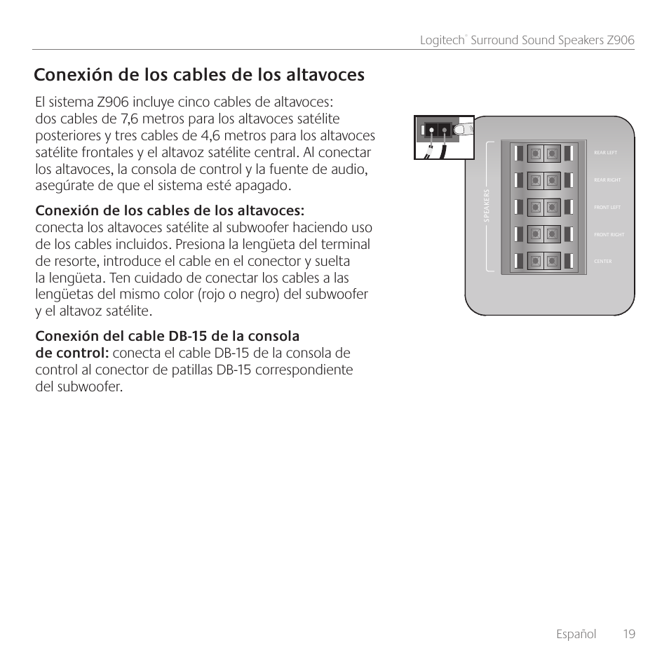 Conexión de los cables de los altavoces, Español 19 logitech, Surround sound speakers z906 | Logitech Surround Sound Speakers Z906 User Manual | Page 19 / 52