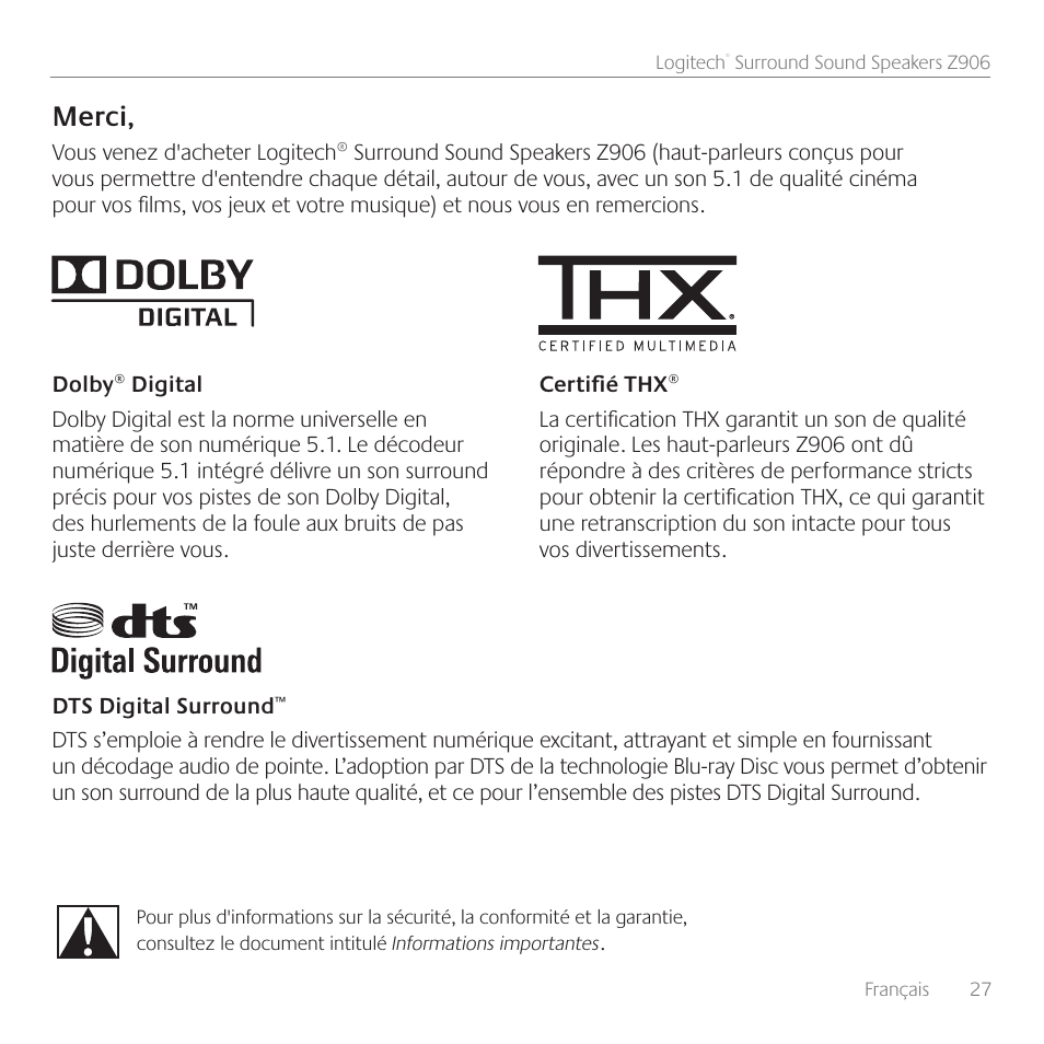 Merci | Logitech Surround Sound Speakers Z906 User Manual | Page 27 / 52