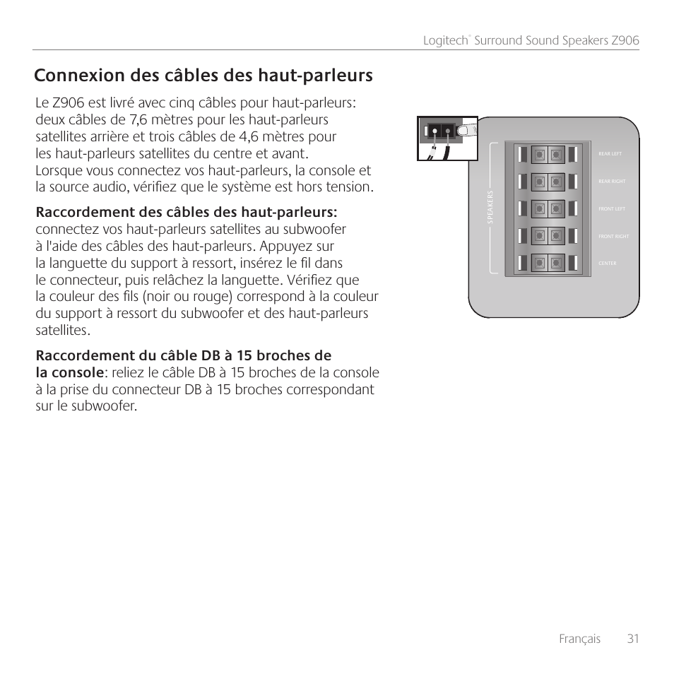 Connexion des câbles des haut-parleurs, Français 31 logitech, Surround sound speakers z906 | Logitech Surround Sound Speakers Z906 User Manual | Page 31 / 52