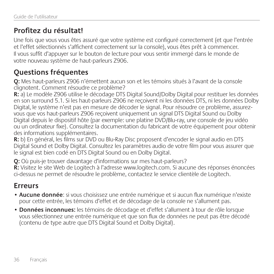 Profitez du résultat, Questions fréquentes, Erreurs | Logitech Surround Sound Speakers Z906 User Manual | Page 36 / 52