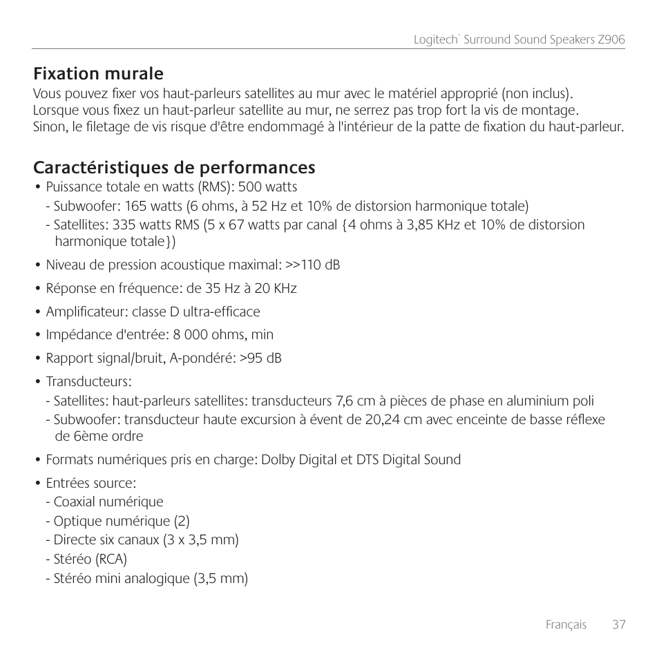 Fixation murale, Caractéristiques de performances | Logitech Surround Sound Speakers Z906 User Manual | Page 37 / 52