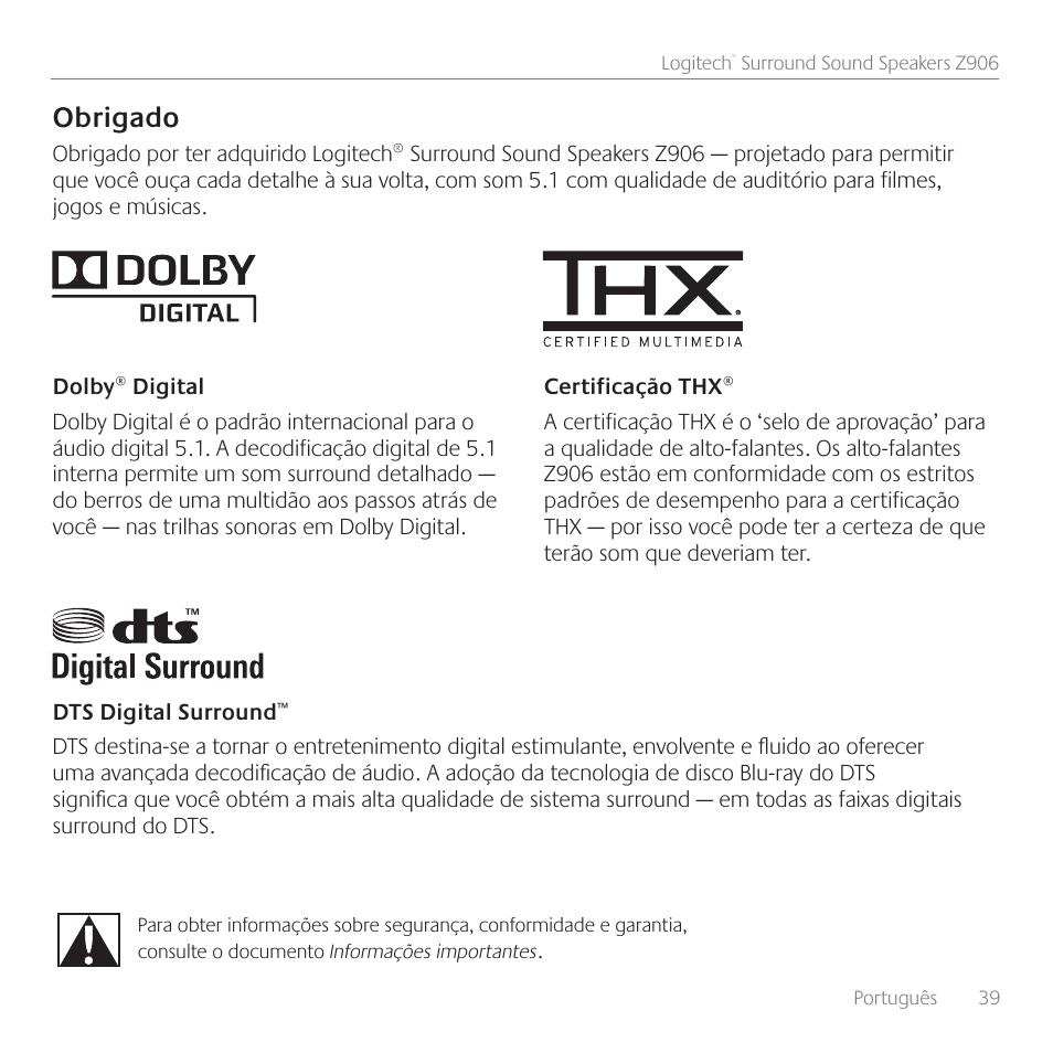 Obrigado | Logitech Surround Sound Speakers Z906 User Manual | Page 39 / 52