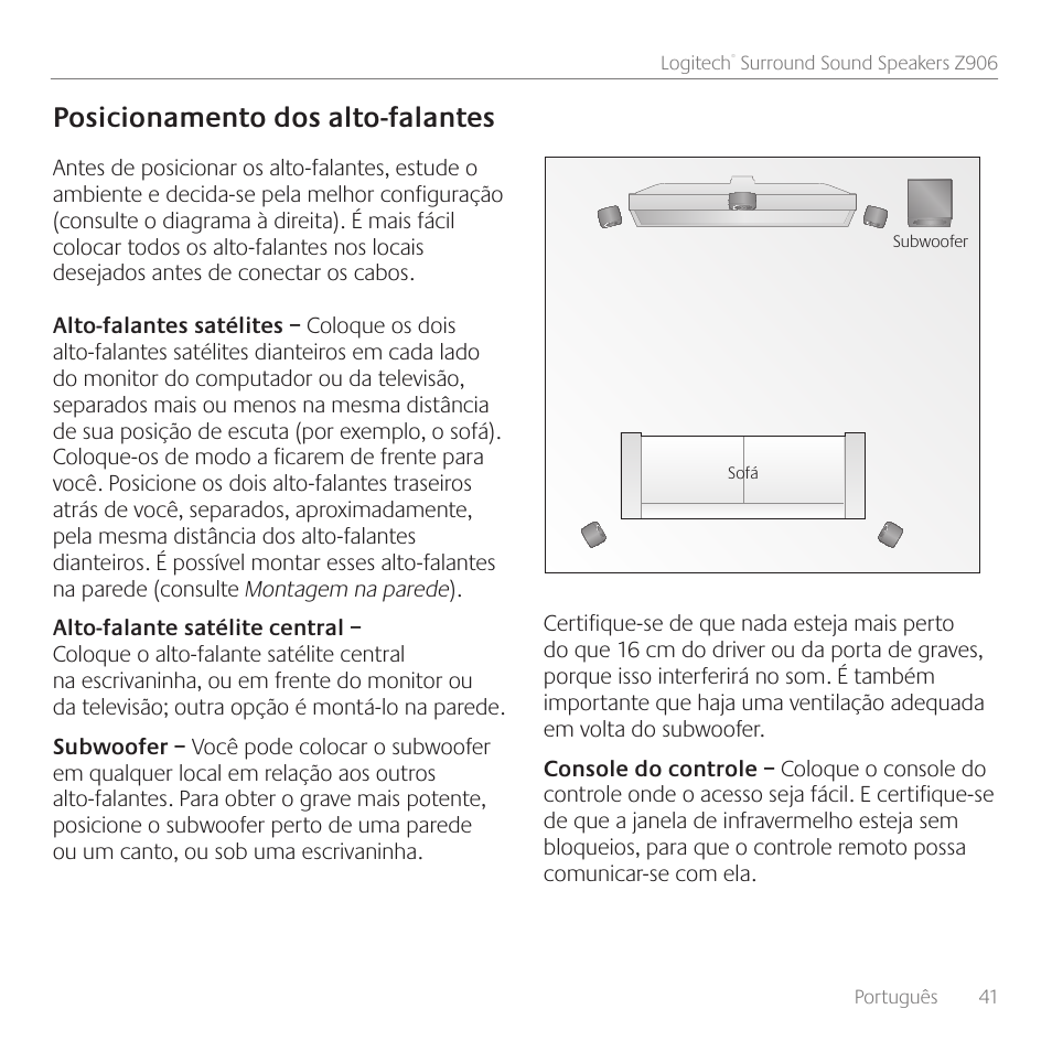 Posicionamento dos alto-falantes | Logitech Surround Sound Speakers Z906 User Manual | Page 41 / 52
