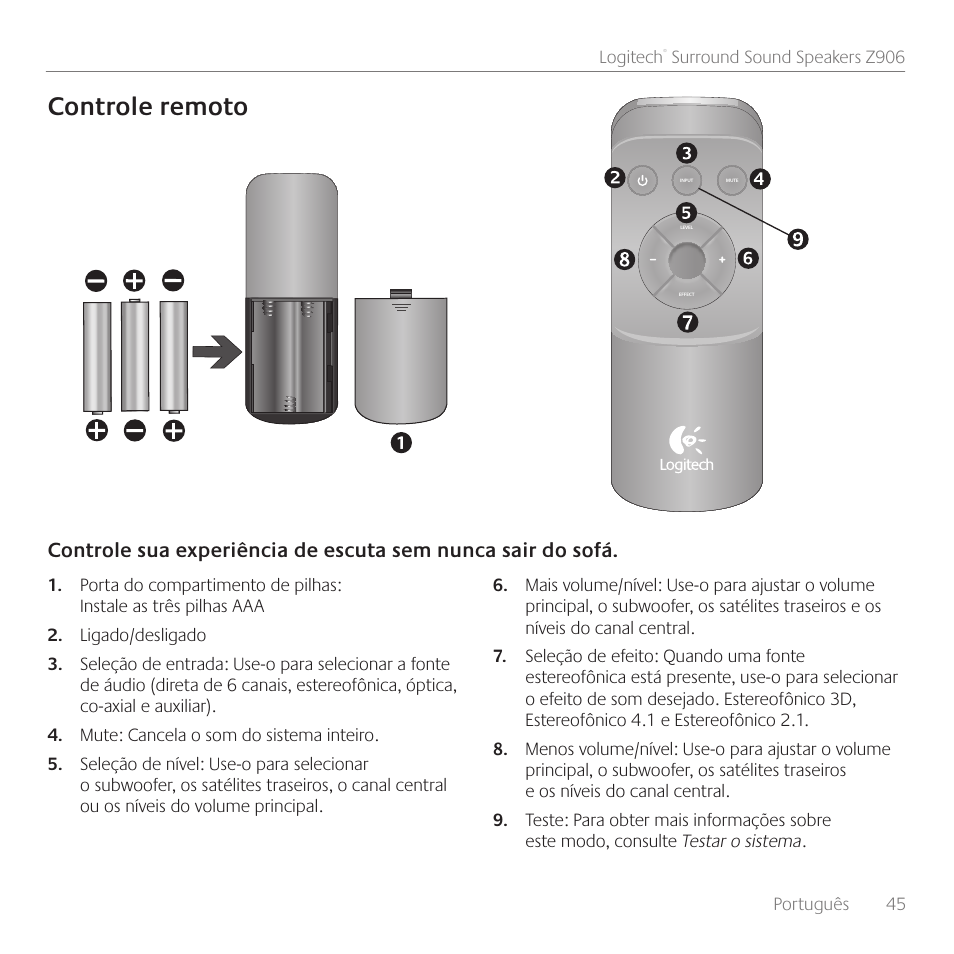 Controle remoto | Logitech Surround Sound Speakers Z906 User Manual | Page 45 / 52