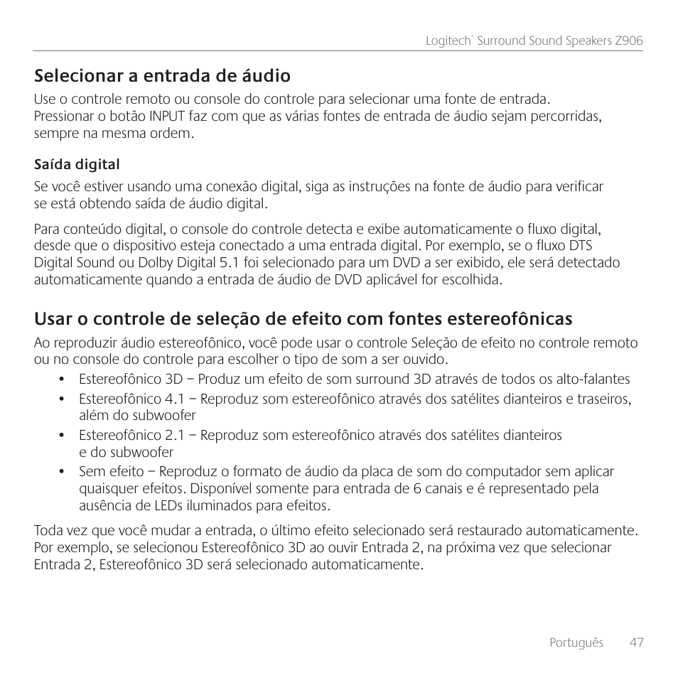 Selecionar a entrada de áudio | Logitech Surround Sound Speakers Z906 User Manual | Page 47 / 52