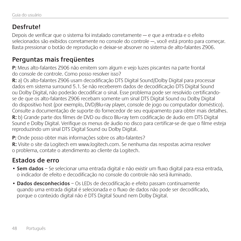 Desfrute, Perguntas mais freqüentes, Estados de erro | Logitech Surround Sound Speakers Z906 User Manual | Page 48 / 52