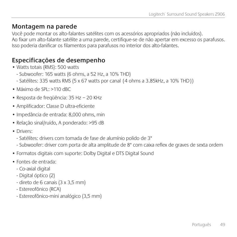 Montagem na parede, Especificações de desempenho | Logitech Surround Sound Speakers Z906 User Manual | Page 49 / 52