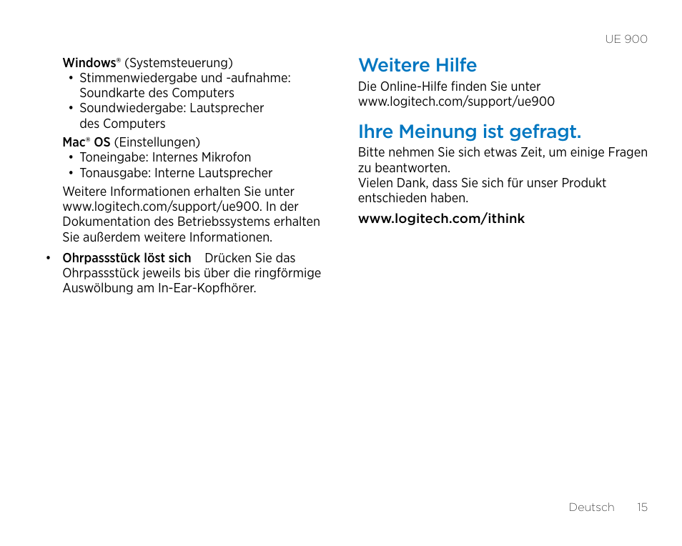 Weitere hilfe, Ihre meinung ist gefragt | Logitech UE900 User Manual | Page 15 / 72