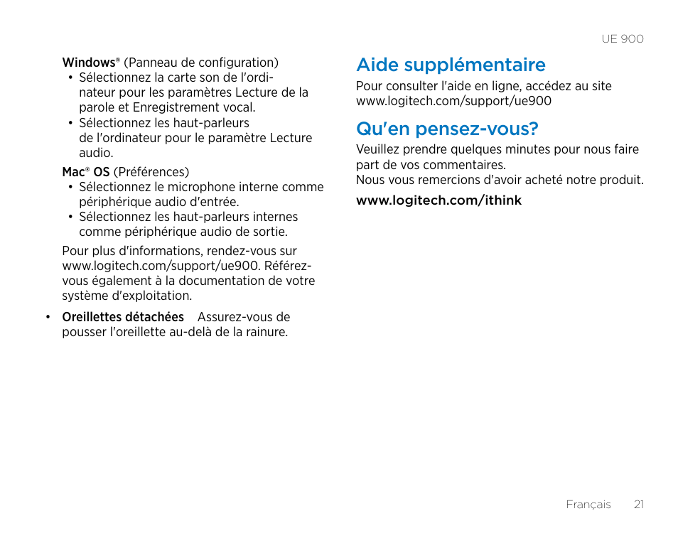 Aide supplémentaire, Qu'en pensez-vous | Logitech UE900 User Manual | Page 21 / 72