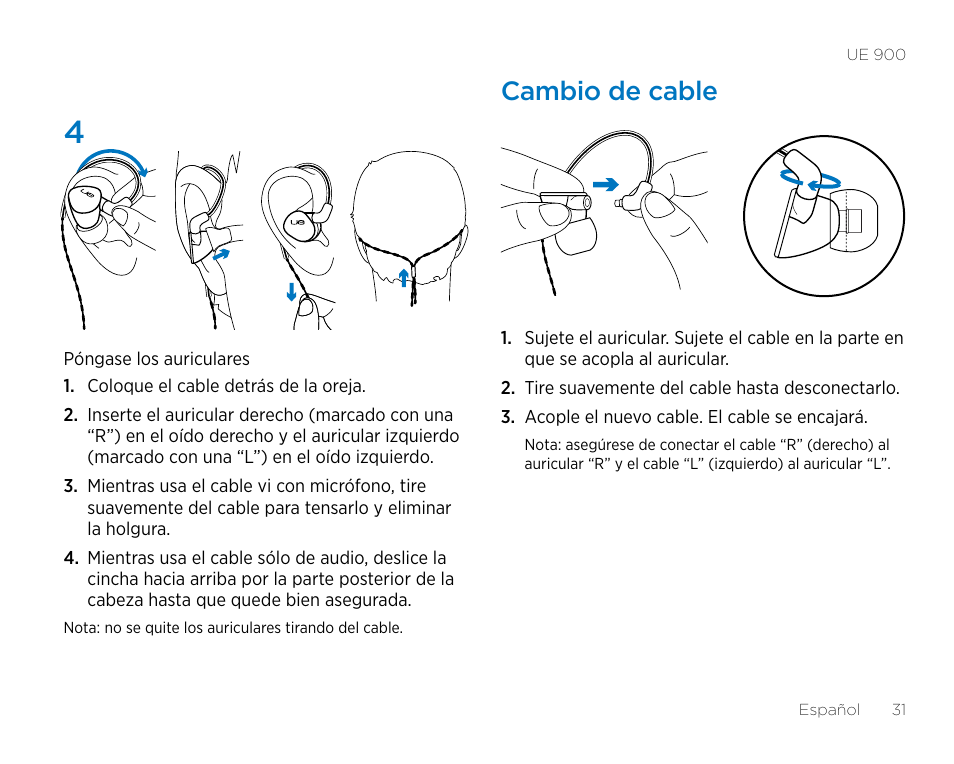 Cambio de cable | Logitech UE900 User Manual | Page 31 / 72