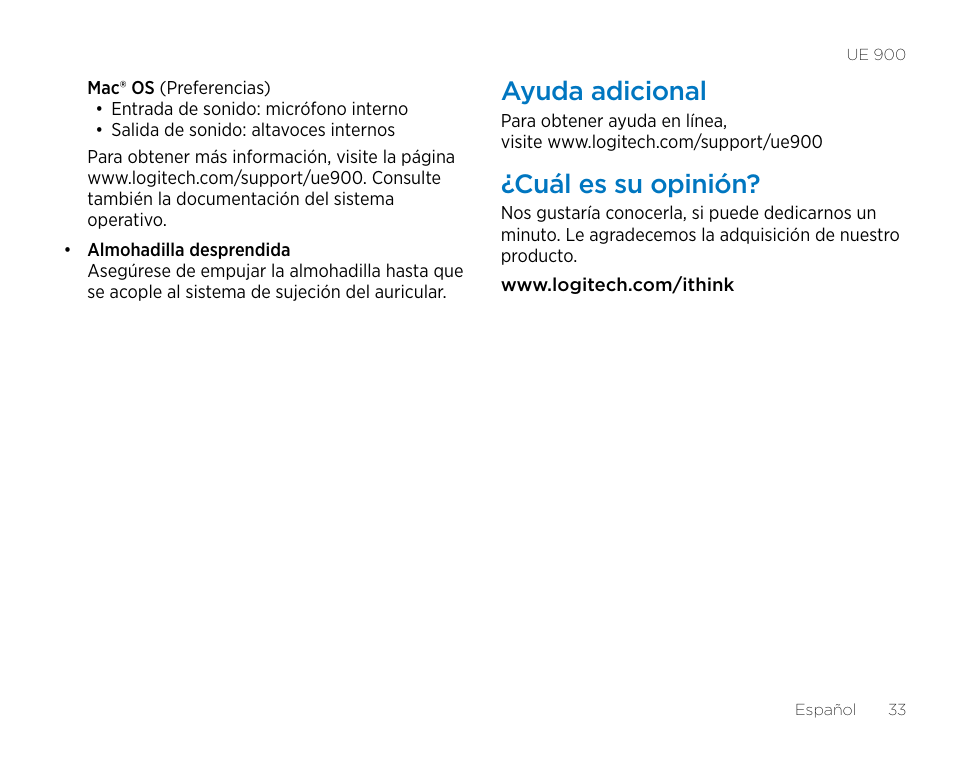 Ayuda adicional, Cuál es su opinión | Logitech UE900 User Manual | Page 33 / 72