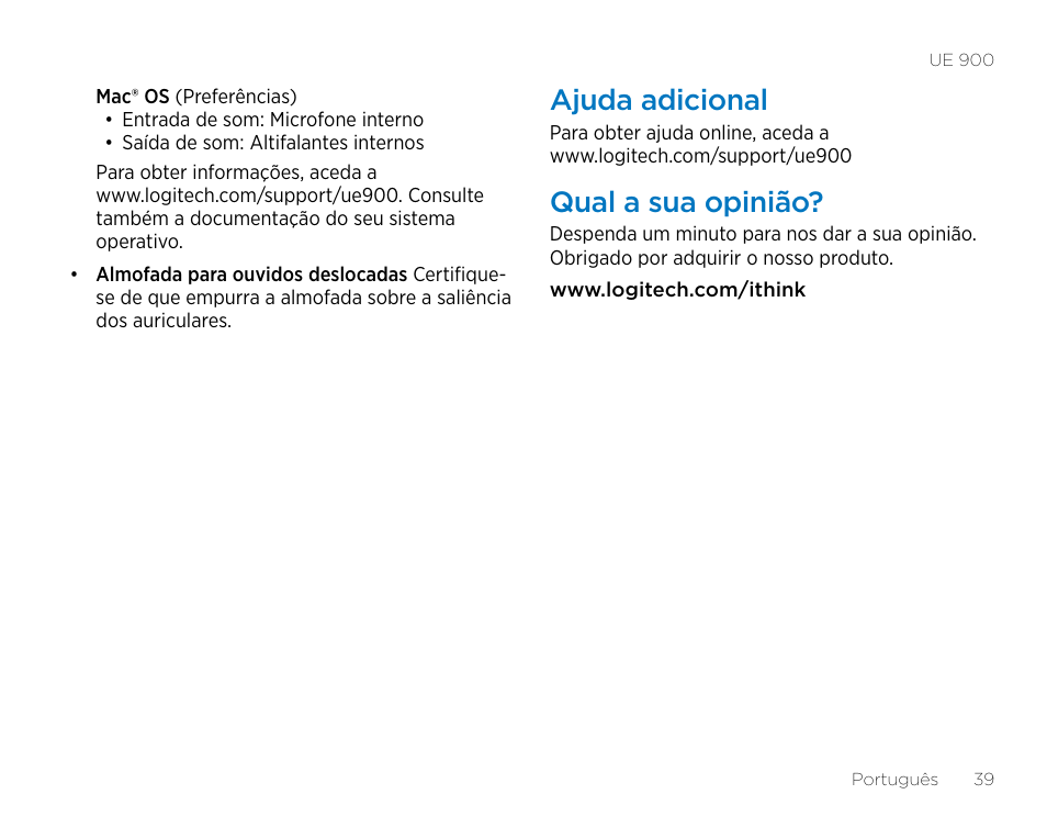 Ajuda adicional, Qual a sua opinião | Logitech UE900 User Manual | Page 39 / 72