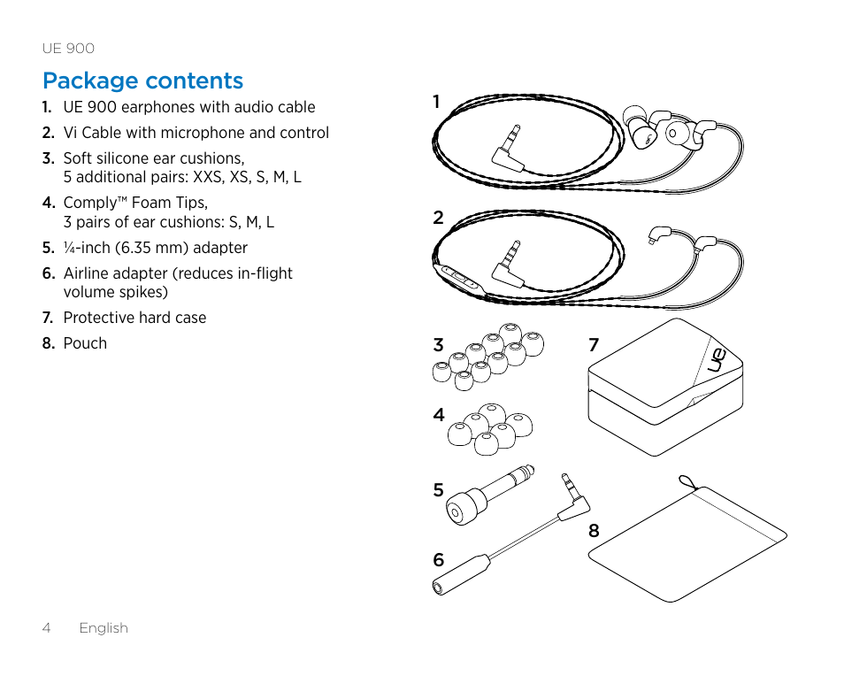 Package contents | Logitech UE900 User Manual | Page 4 / 72