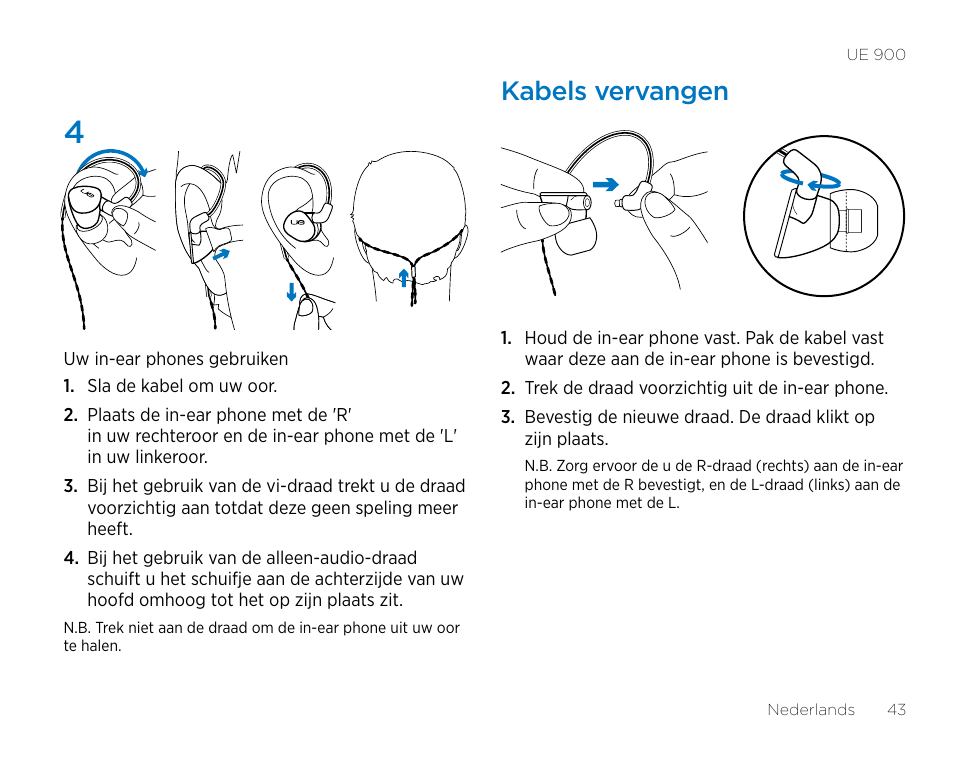 Kabels vervangen | Logitech UE900 User Manual | Page 43 / 72