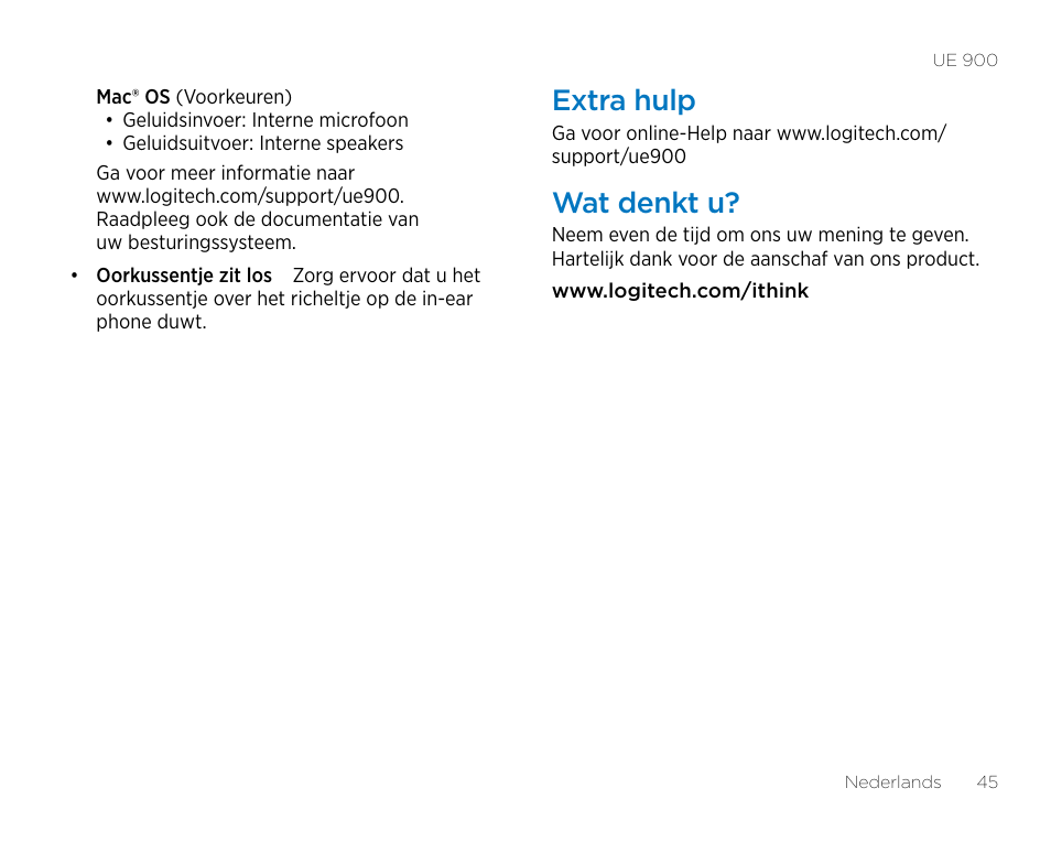 Extra hulp, Wat denkt u | Logitech UE900 User Manual | Page 45 / 72