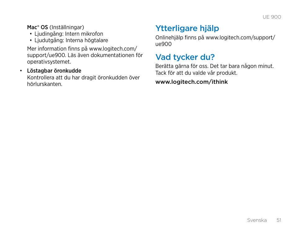 Ytterligare hjälp, Vad tycker du | Logitech UE900 User Manual | Page 51 / 72