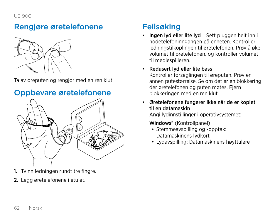 Rengjøre øretelefonene, Oppbevare øretelefonene, Feilsøking | Logitech UE900 User Manual | Page 62 / 72