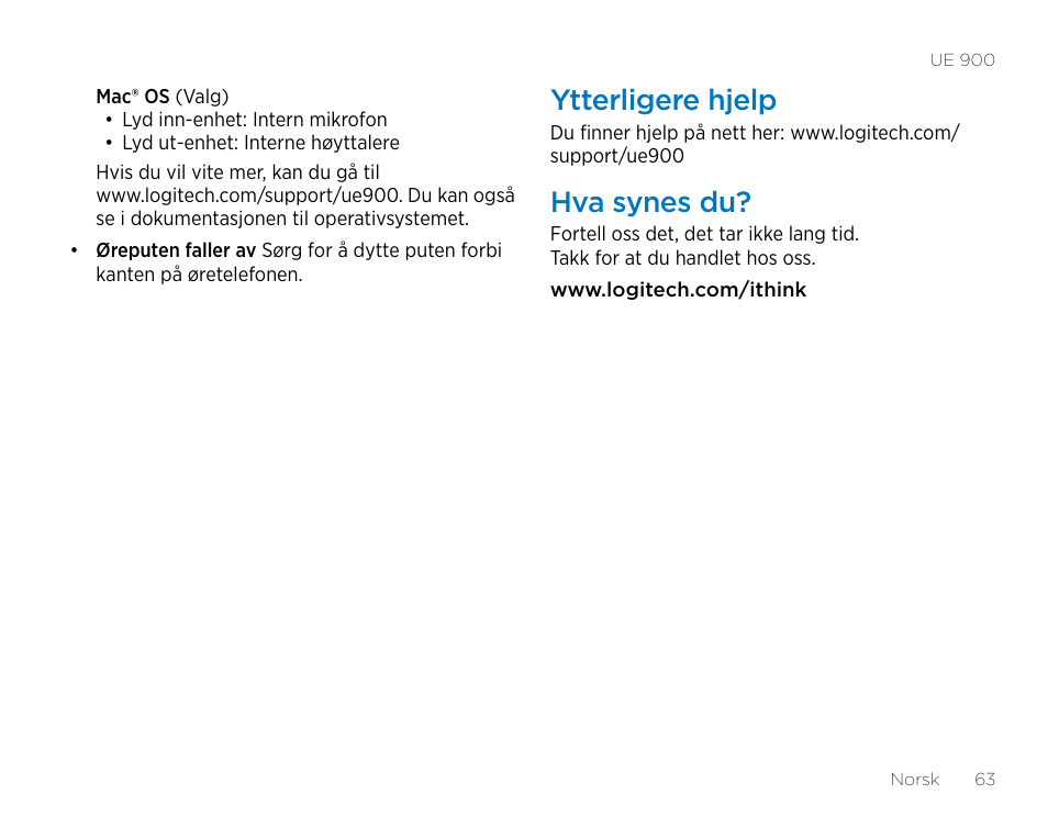 Ytterligere hjelp, Hva synes du | Logitech UE900 User Manual | Page 63 / 72