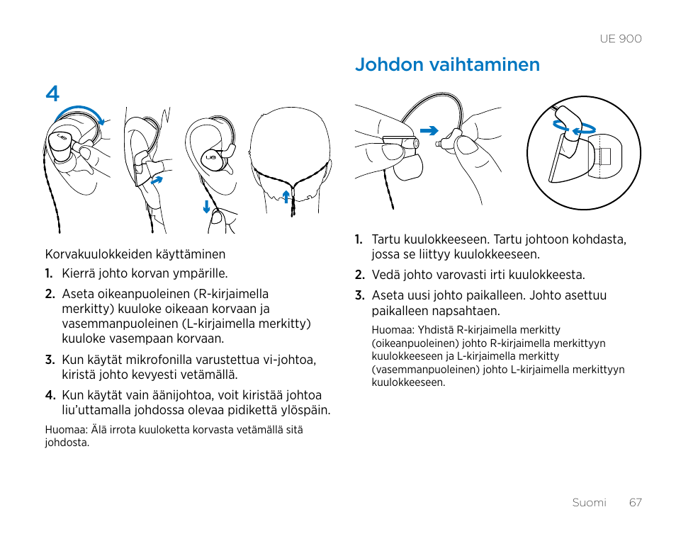 Johdon vaihtaminen | Logitech UE900 User Manual | Page 67 / 72