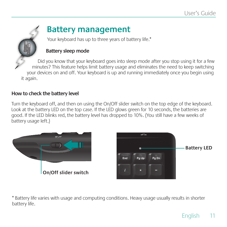 Battery management | Logitech Wireless Keyboard K340 User Manual | Page 11 / 34