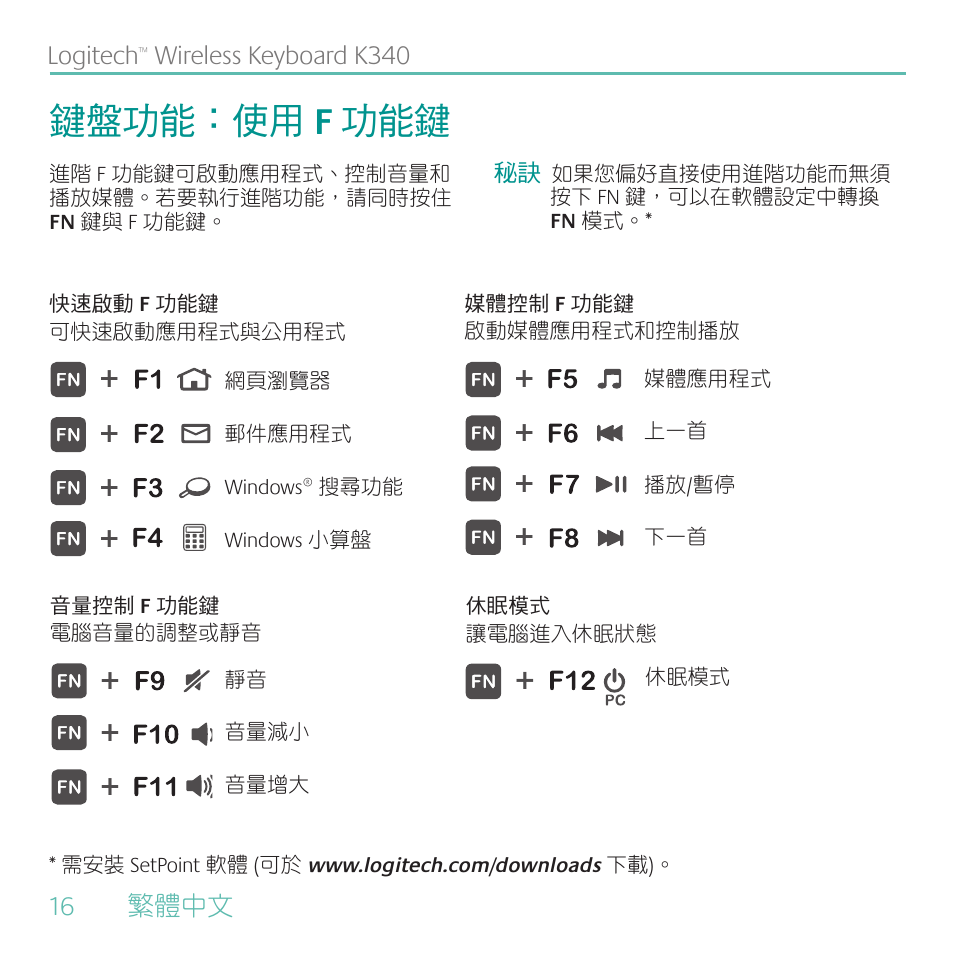 鍵盤功能：使用 f 功能鍵 | Logitech Wireless Keyboard K340 User Manual | Page 16 / 34